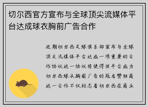 切尔西官方宣布与全球顶尖流媒体平台达成球衣胸前广告合作
